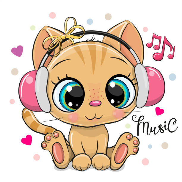 ilustraciones, imágenes clip art, dibujos animados e iconos de stock de gatito de dibujos animados con auriculares rosados sobre un fondo blanco - undomesticated cat audio