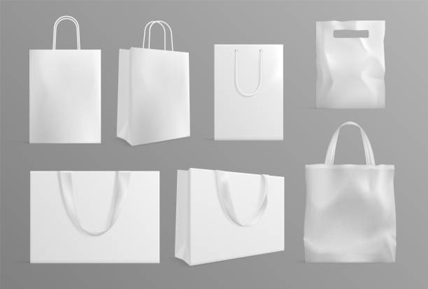 istock Eco bag mockup. Realistic canvas paper handbags. Modern material or cotton reusable packs for shoppers. White shopping packages vector set 1282984700