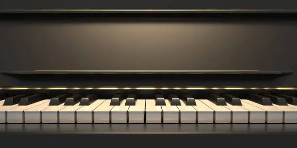 Photo of Piano keyboard, front view, copy space. 3d illustration