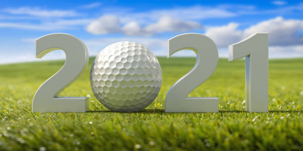 istock Golfing 2021. New year, green grass field, blue sky background. 3d illustration 1282984730