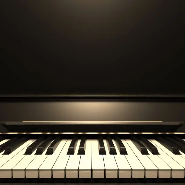 Piano keyboard. Soft light on piano keys, golden details, closeup front view. Classic music template, copy space. 3d illustration