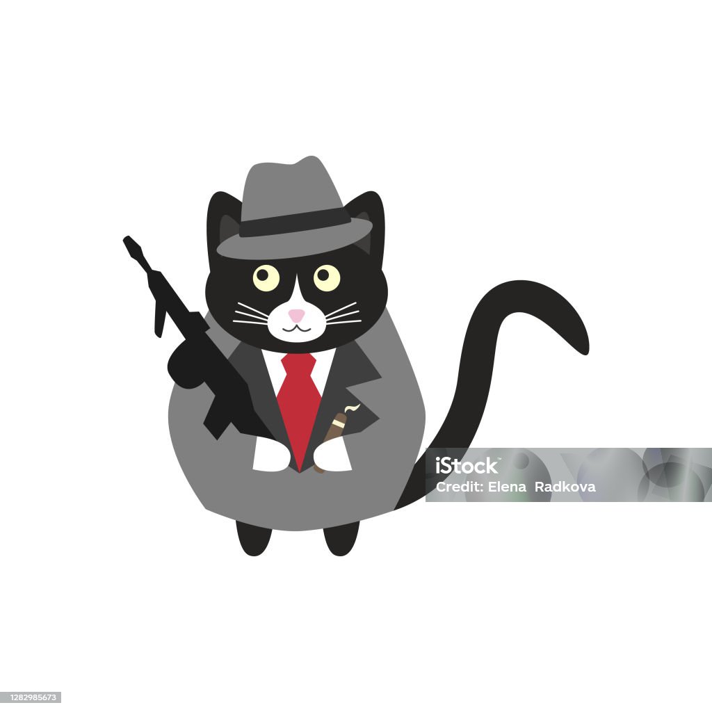 Cute Italian Mafia Boss Cat In A Gray Suit And Gray Hat With A Red Tiewith  A Machine Gun In His Paws Stock Illustration - Download Image Now - iStock