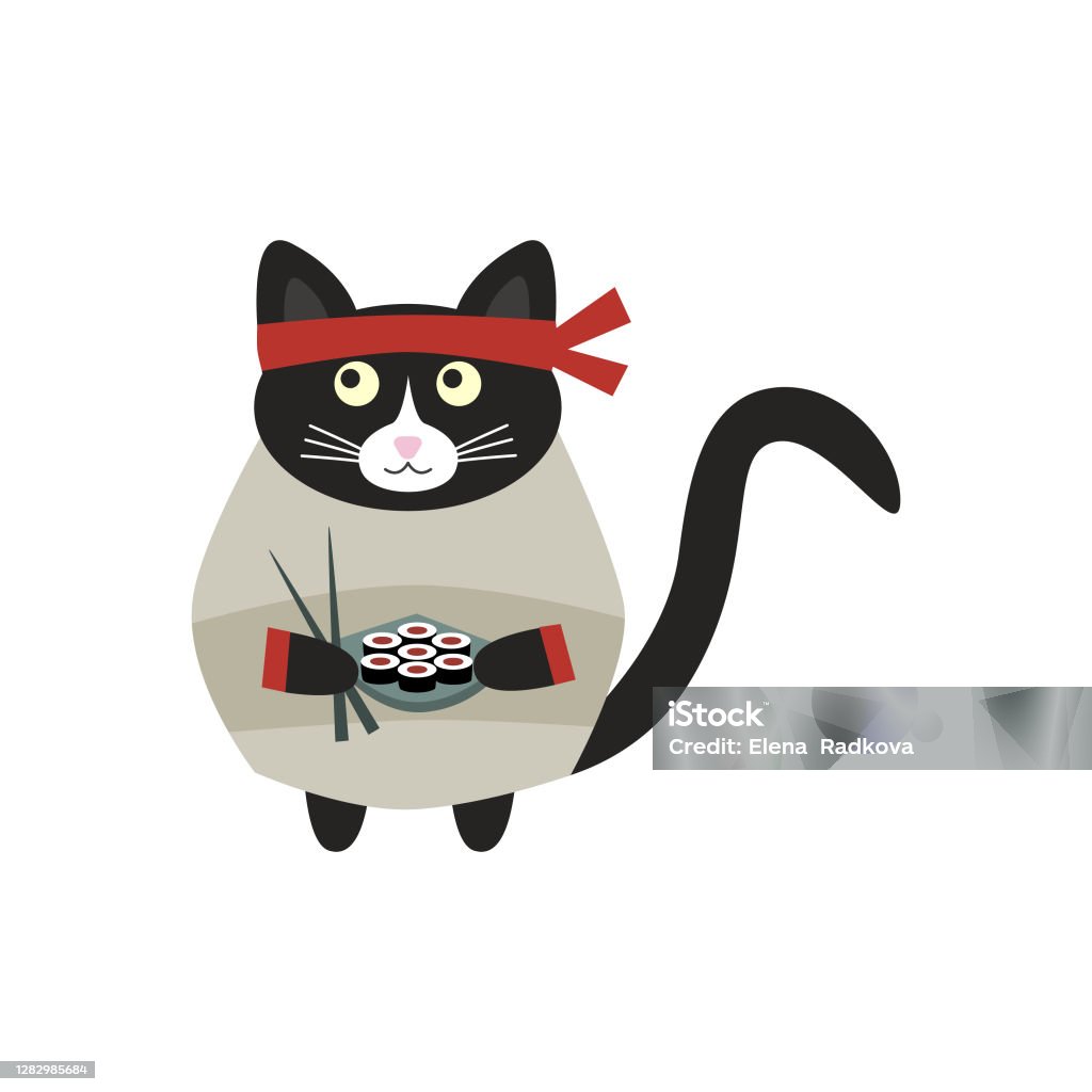 Cute Japanese Cat Cook In A Gray Kimono With A Plate Of Sushi In His Paws  And A Red Bandage On His Head Stock Illustration - Download Image Now -  iStock