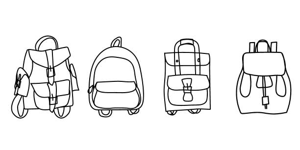 Hand drawn modern Doodle backpacks vector set. Hand drawn modern Doodle backpacks. Cartoon sketch of 4 different cool everyday bags.Back to school.For your creative design.Decorative element illustration. Stock vector isolated on white backpack illustrations stock illustrations