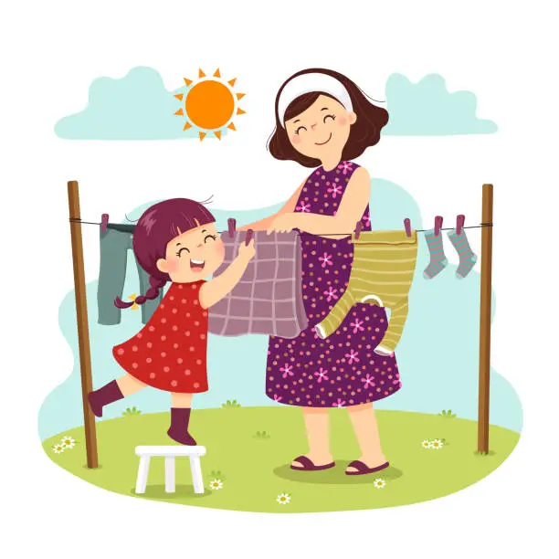 Vector illustration of Vector illustration cartoon of mother and daughter hanging the laundry on the backyard. Kids doing housework chores at home concept