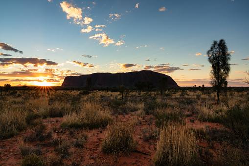 Northern Territory, Australia - August 7, 2019: Dawn breaks over the Uluru-Kata Tjuta National Park, in the heart of Australia's Outback. A plain of grass in the foreground stretches away towards the great sandstone icons that is Uluru (Ayers Rock).