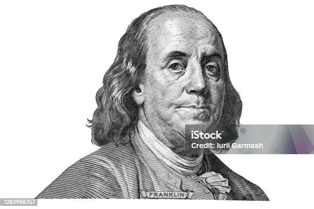 Benjamin Franklin Cut From New 100 Dollars Banknote On White Background Fragment Stock Photo - Download Image Now