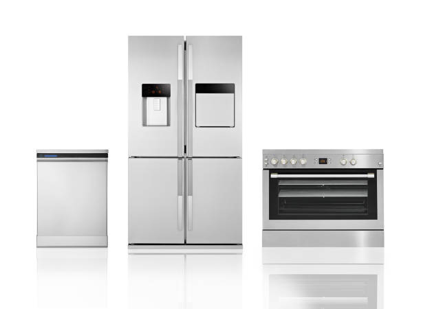 home appliances - three different refrigerators imagens e fotografias de stock
