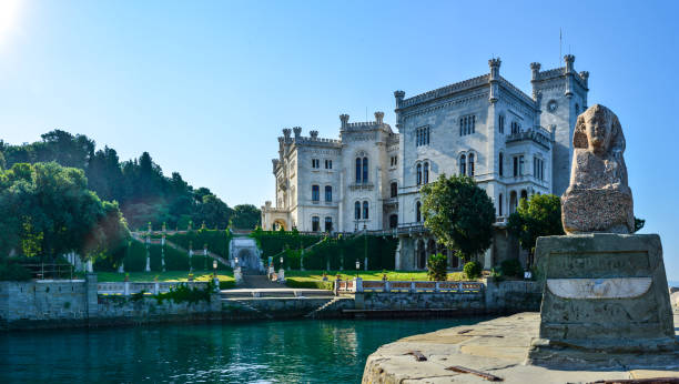 Miramare Castle, Trieste, Italy, Europe Miramare Castle, Castello di Miramare, in sunset. it is a 19th century castle on the Gulf of Trieste near Trieste, Italy. It was built for Austrian Archduke Ferdinand Maximilian habsburg dynasty stock pictures, royalty-free photos & images