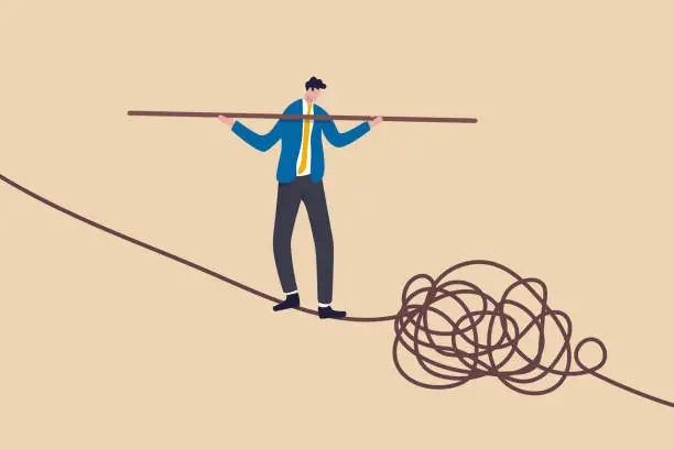 Vector illustration of Leadership skill to lead company in crisis situation, manage to solve risky problem concept, confidence businessman leader acrobat walk balance on danger high rope and try to solve tightrope problem.