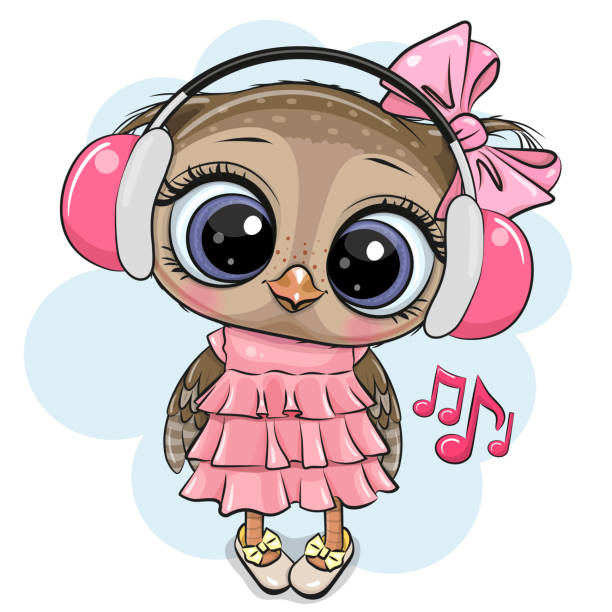 Cartoon Owl girl with pink headphones on a white background Cute cartoon Owl girl with pink headphones on a white background pink owl stock illustrations