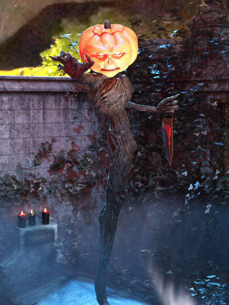 3D Photo of a Scary Halloween Pumpkin Head stock photo