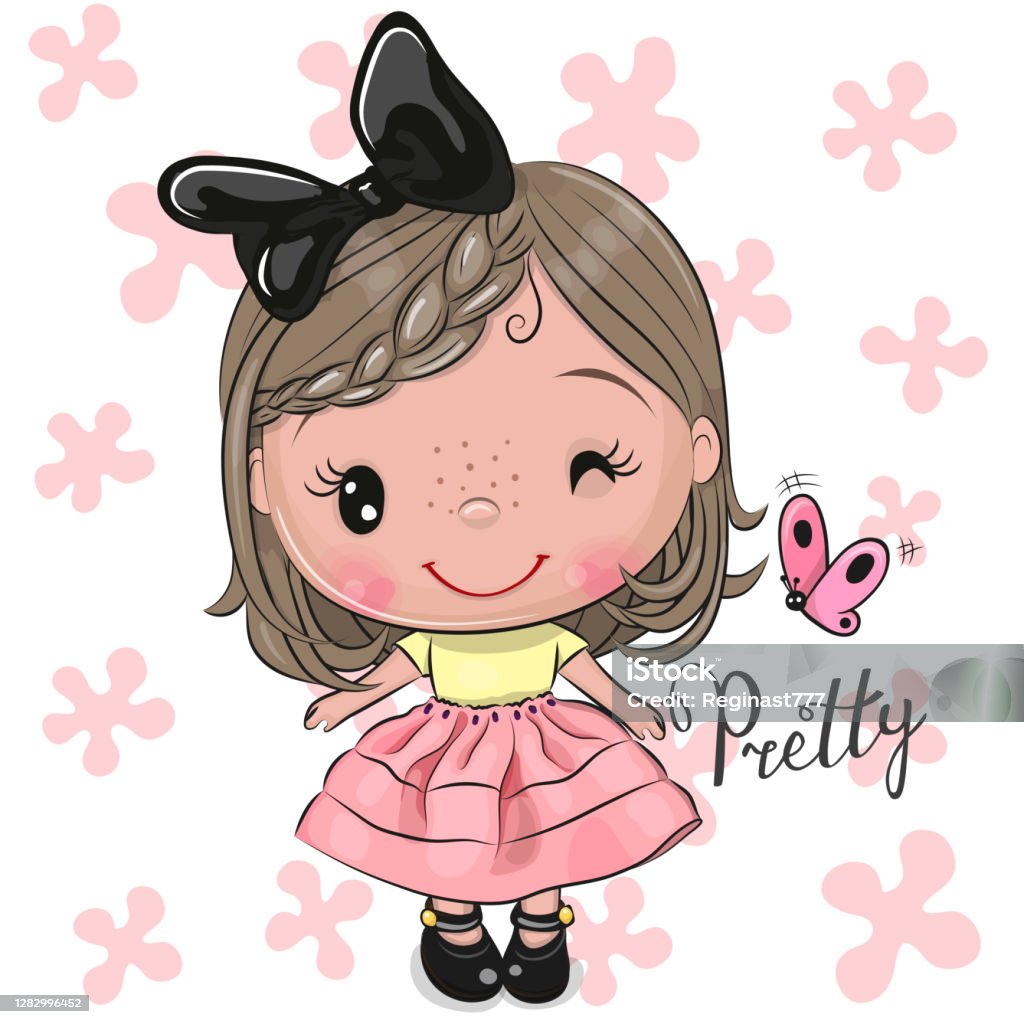 Cartoon Girl In Dress With A Black Bow Stock Illustration - Download Image  Now - Doll, Art, Dreamlike - iStock