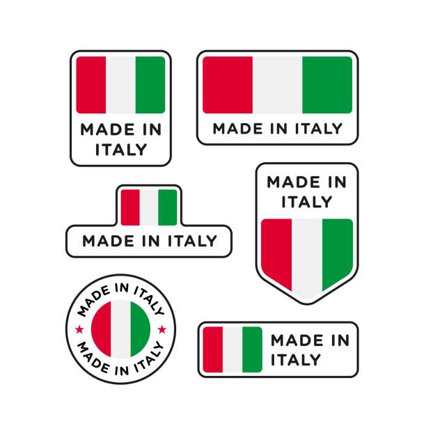 ilustraciones, imágenes clip art, dibujos animados e iconos de stock de varios hechos en italia conjunto de etiquetas, emblema del producto italiano - muammar