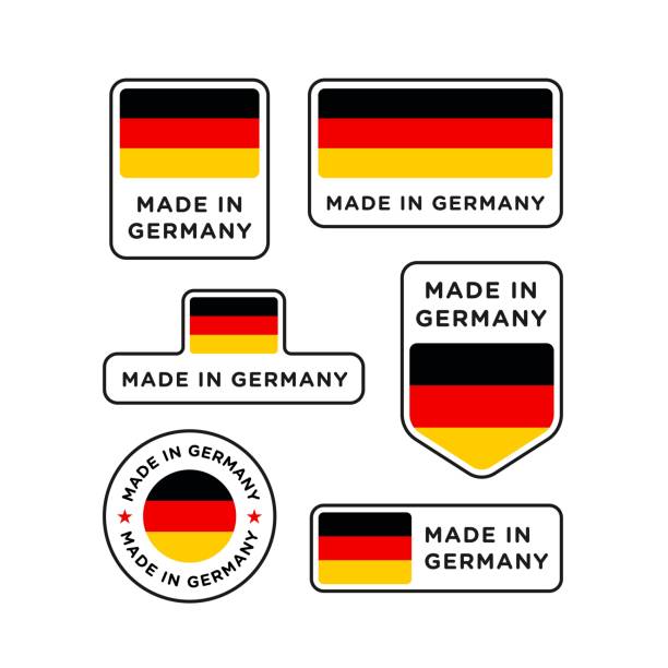 ilustraciones, imágenes clip art, dibujos animados e iconos de stock de varios hechos en alemania conjunto de etiquetas, emblema del producto alemán - muammar