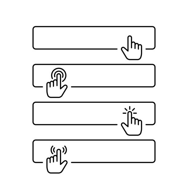 ilustraciones, imágenes clip art, dibujos animados e iconos de stock de haga clic en enviar botón en blanco en diseño de estilo de línea con varios cursores de dedo de la mano - muammar