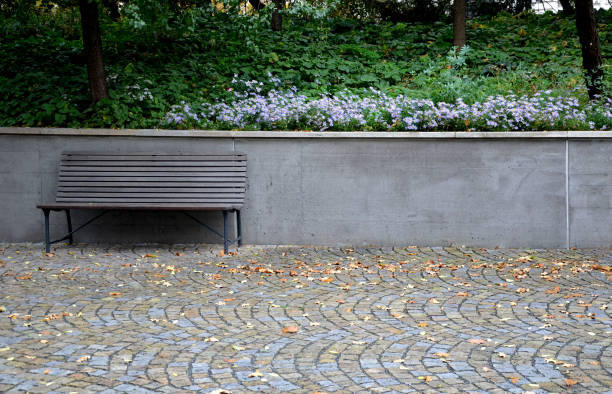 istock benches at the supporting gray supporting concrete wall in the park. Purple asters bloom above the wall in the flowerbed. wood paneled park bench with metalic black frame. 1283000769