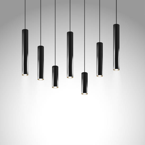istock Hanging pendant tube shaped lamps. Contemporary style interior light. Chandelier with black metal cylindrical lampshade. Realistic vector illustration 1283001515