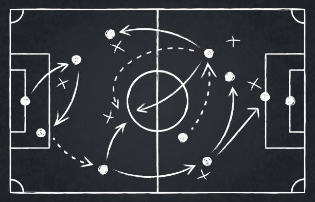 Chalk soccer strategy. Football team strategy and play tactic, soccer cup championship chalkboard game formation vector illustration set Chalk soccer strategy. Football team strategy and play tactic, soccer cup championship chalkboard game formation vector illustration set. Blackboard and chalkboard, soccer team strategy coach background stock illustrations