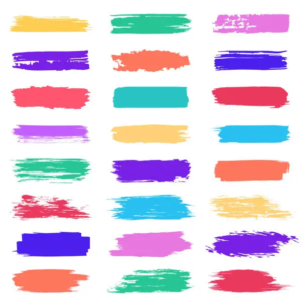 Vector illustration of Coloured brush stroke. Grunge paintbrush stroke, dry paint scratch texture colorful brushes, messy splatter line vector illustration set