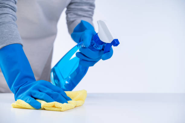 istock Woman housekeeper using rag and spraying bottle to clean the table surface. 1283004366