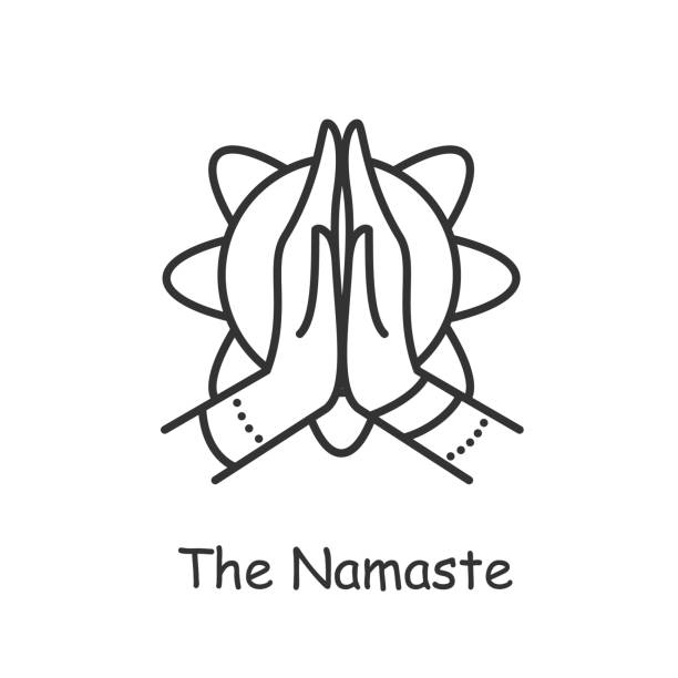 ilustraciones, imágenes clip art, dibujos animados e iconos de stock de icono de línea namaste. ilustración vectorial editable - añjali mudrā saludo