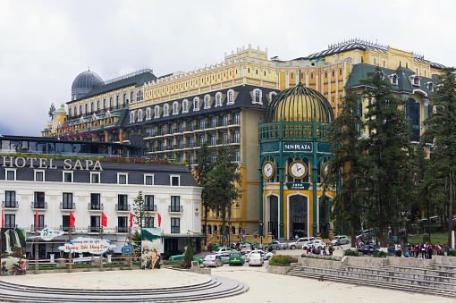 Sapa, Vietnam, Oct 10, 2019 Sapa Sun Plaza. old building architecture, art deco beautiful design in town square, shopping mall and funicular station