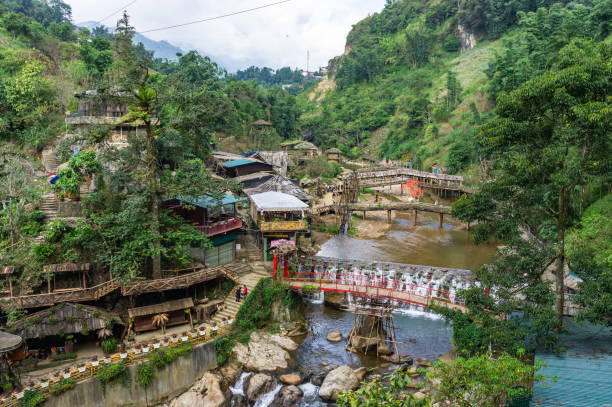 Cat Cat, Vietnam, Oct 10, 2019 Cat Cat ethnic village landscape with waterfall and tourists exploring the area