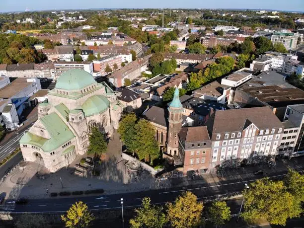 Essen city aerial view, Germany. Synagogue on the left.