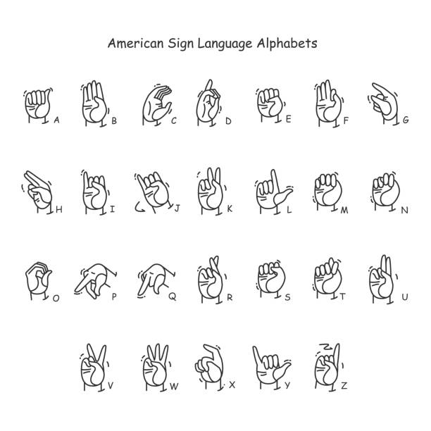 illustrations, cliparts, dessins animés et icônes de gestes de la main affichant les icônes de ligne de lettres a-z définies - sign language american sign language human hand deaf