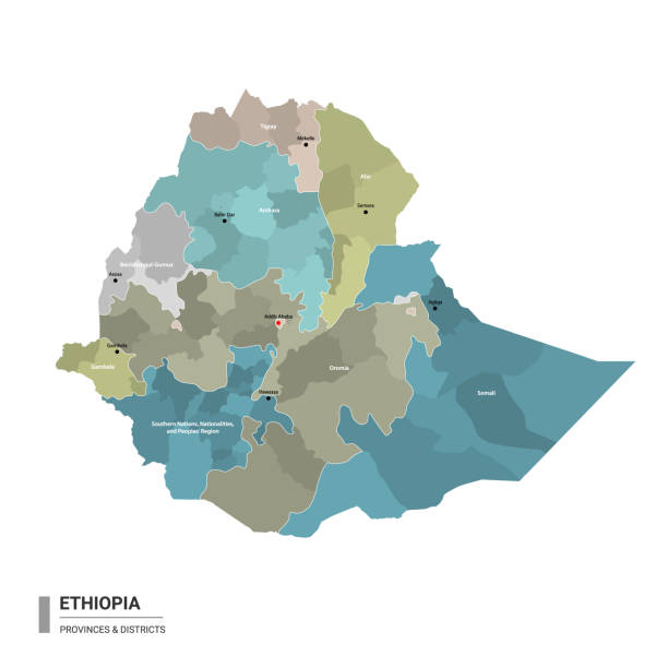 Ethiopia higt detailed map with subdivisions. Ethiopia higt detailed map with subdivisions. Administrative map of Ethiopia with districts and cities name, colored by states and administrative districts. Vector illustration with editable and labelled layers. ethiopia tigray map stock illustrations