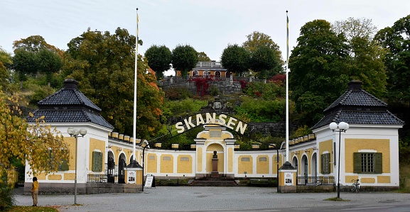 Skansen Entrance Gate, Skansen Is An Open Air Museum And Zoo On The Island Djurgarden In The Town Of Stockholm Sweden Northern Europe
