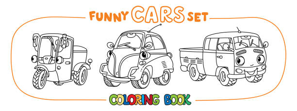 illustrations, cliparts, dessins animés et icônes de drôles de petites voitures de ville avec des yeux. ensemble de livres de coloriage - cartoon city town car