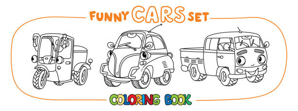 śmieszne małe samochody miejskie z oczami. zestaw kolorowanki - cartoon city town car stock illustrations