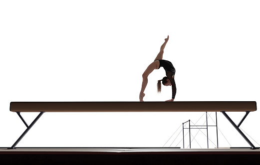 Dance, jump and a woman in gymnastics practice, artistic hobby and competition for sport. Fitness, creative and a female gymnast practicing a routine, jumping and dancing for a sports performance