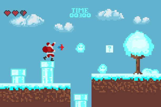 istock Winter pixel game. The battle of Santa Claus. Retro art games. 8-bit pixel platformer game resource. Vector illustration 1283012080