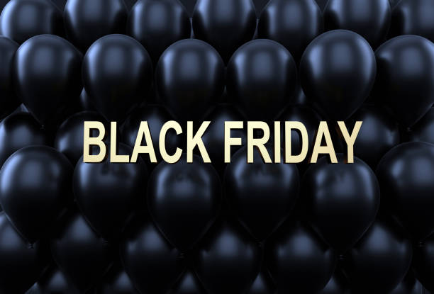 istock Black Friday golden text on black balloons background, 3d render 1283017556