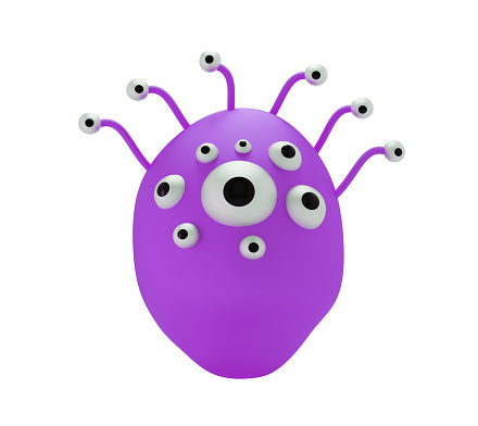 top view coronavirus model with big mouth and red teeth with shadow on white background
