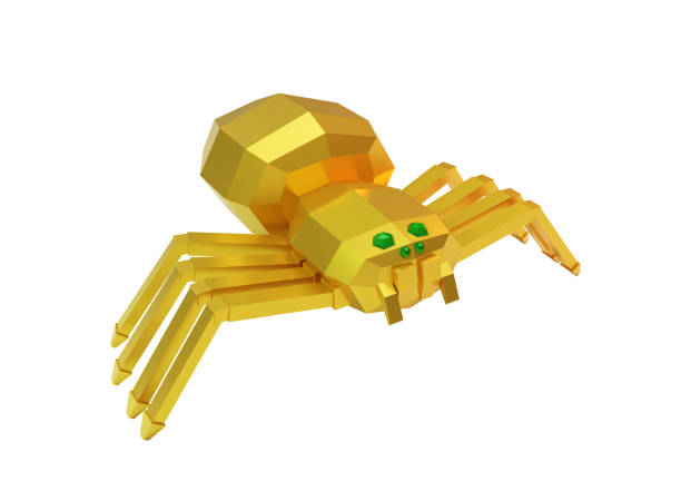 low poly golden robot spider isolated on white, 3d render low poly golden robot spider isolated on white, 3d render robot spider stock pictures, royalty-free photos & images