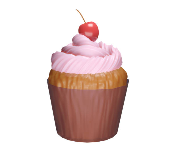 istock Delicious tasty cupcake with the pink icing on top and cherry isolated on white, 3d render 1283017754