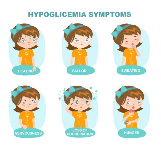 ilustraciones, imágenes clip art, dibujos animados e iconos de stock de chica linda con síntomas de hipoglicemia. infografía colorida. - hypoglycemia