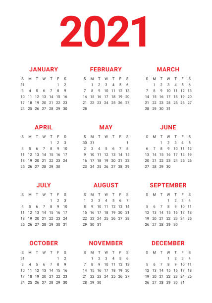 Year 2021 calendar vector design template Year 2021 calendar vector design template, simple and clean design 2021 stock illustrations