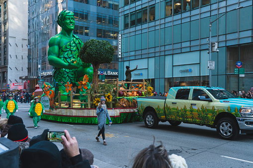 New York City, NY, USA- November 28. 2019: The Green Giant float is driven down Cenral Park South during the Macy's Thanksgiving Day Parade.
