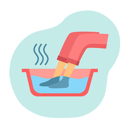 Soaking feet in bowl filled with warm water at home or spa icon design. Warming feet for relaxation concept vector illustration on white background. Feet frostbite treatment.
