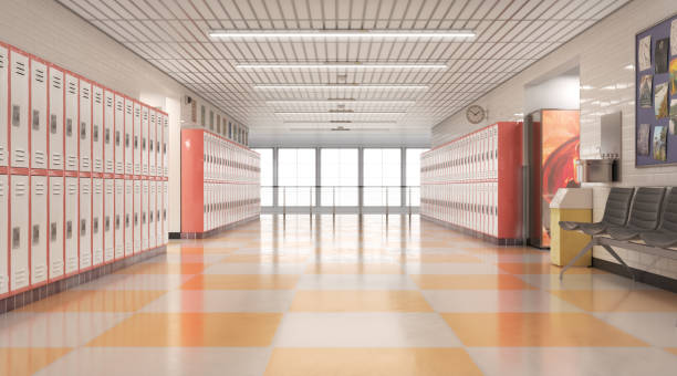 istock Long school corridor with white lockers , 3d illustration 1283025589