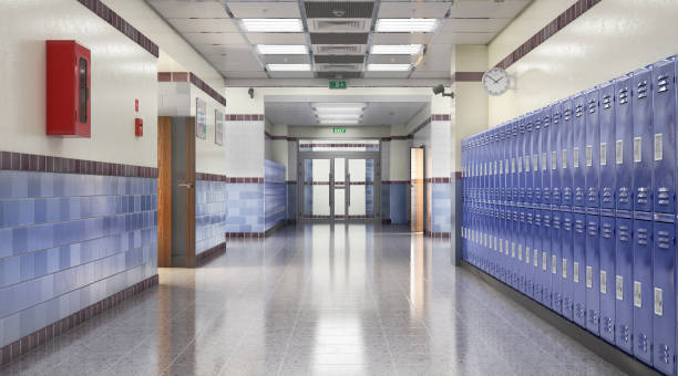 青いロッカー付きの長い学校の廊下、3dイラスト - locker room ストックフォトと画像