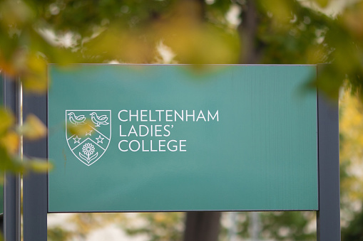 Sign outside the entrance to Cheltenham Ladies’ College shot across Bayshill Rd. An independent boarding and day school for girls aged 11 to 18