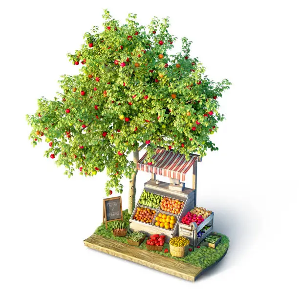 Fruits and veggies stall and apple tree on a small piece of ground, 3d illustration