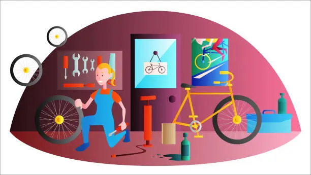 Vector illustration of Professional woman holding cycle frame in bicycle shop