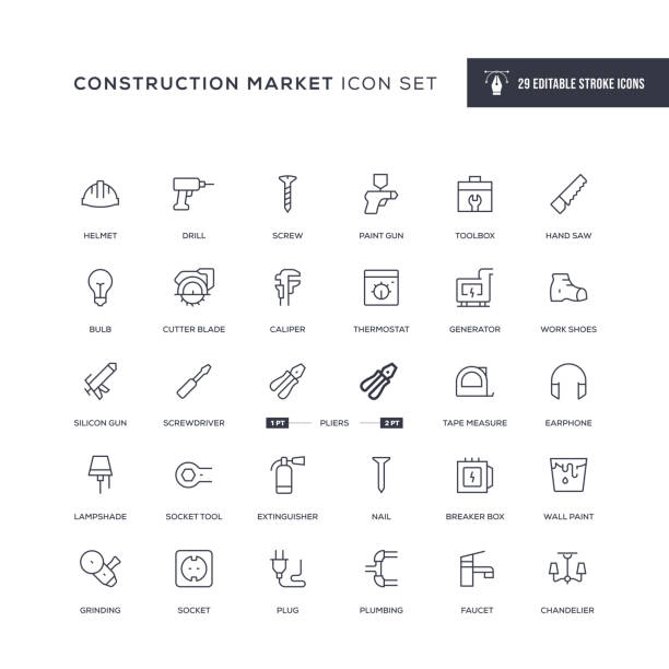 construction market editable stroke line icons - silicone stock-grafiken, -clipart, -cartoons und -symbole